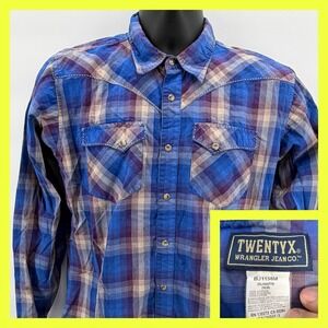 Wrangler 20X Youth XXL 18-20 Western Shirt Blue Purple Plaid Pearl Snap Cowboy